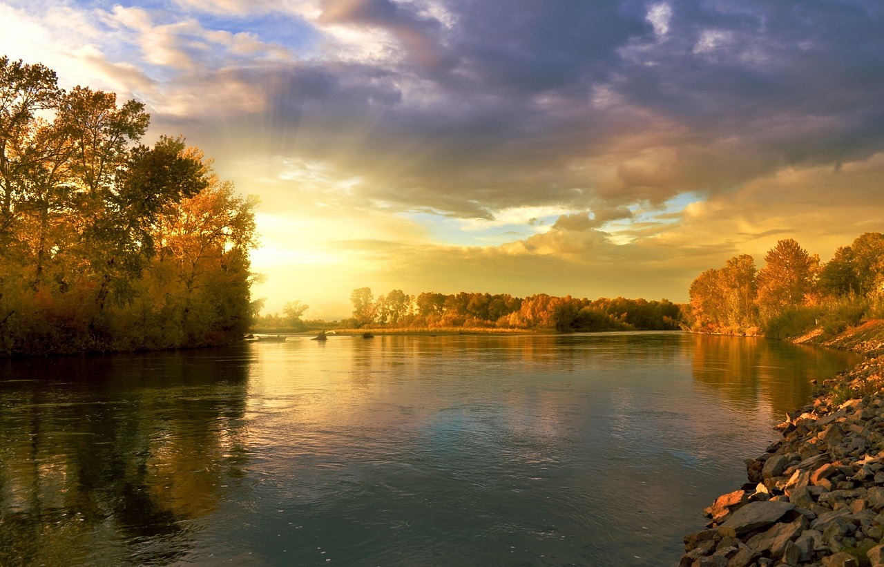Fluss beim Sonnenuntergang mit mehreren Bäumen am Flussuffer
