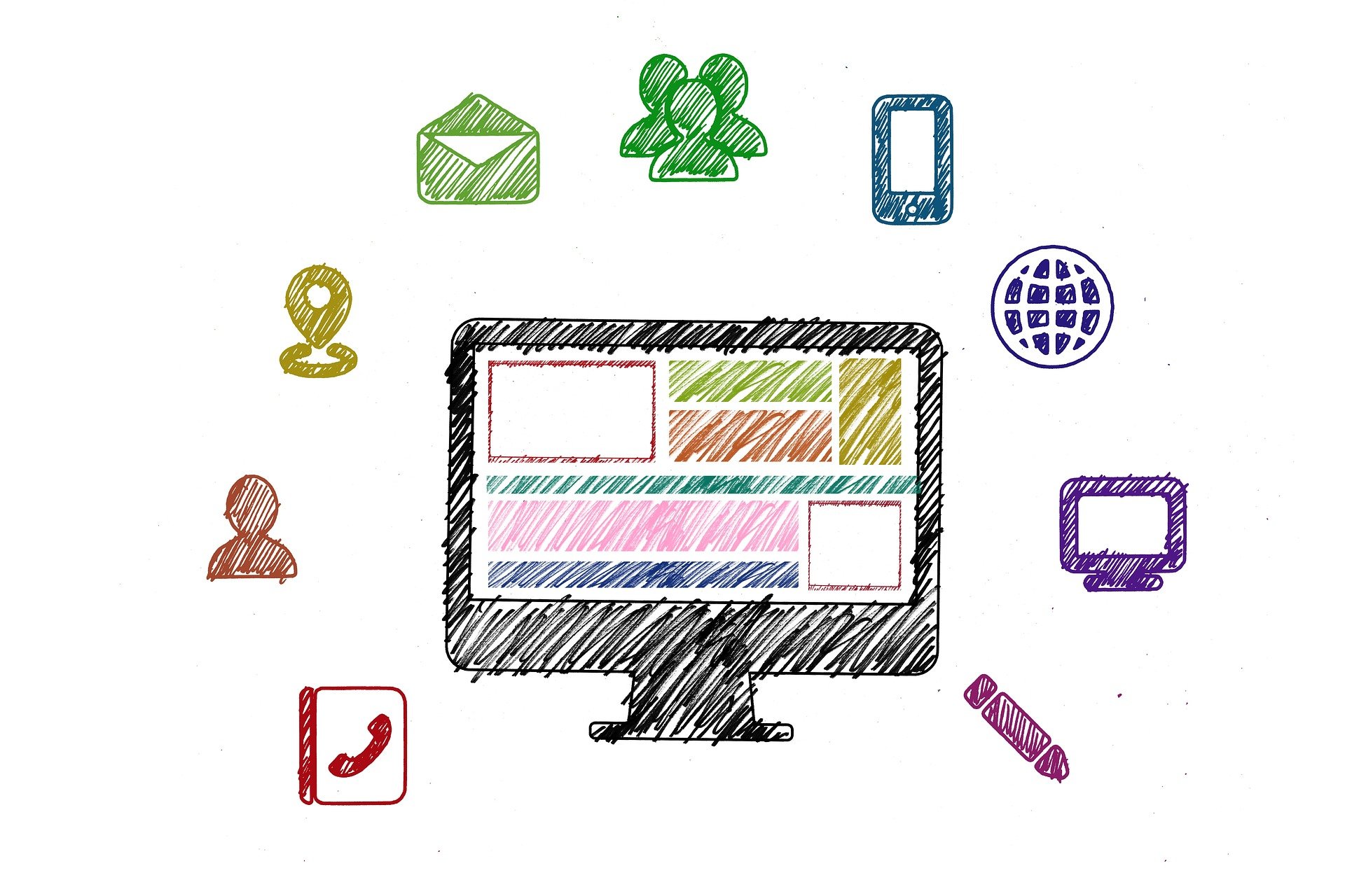 Zeichnung zeigt verschiedene Digitalmedien in Farben.